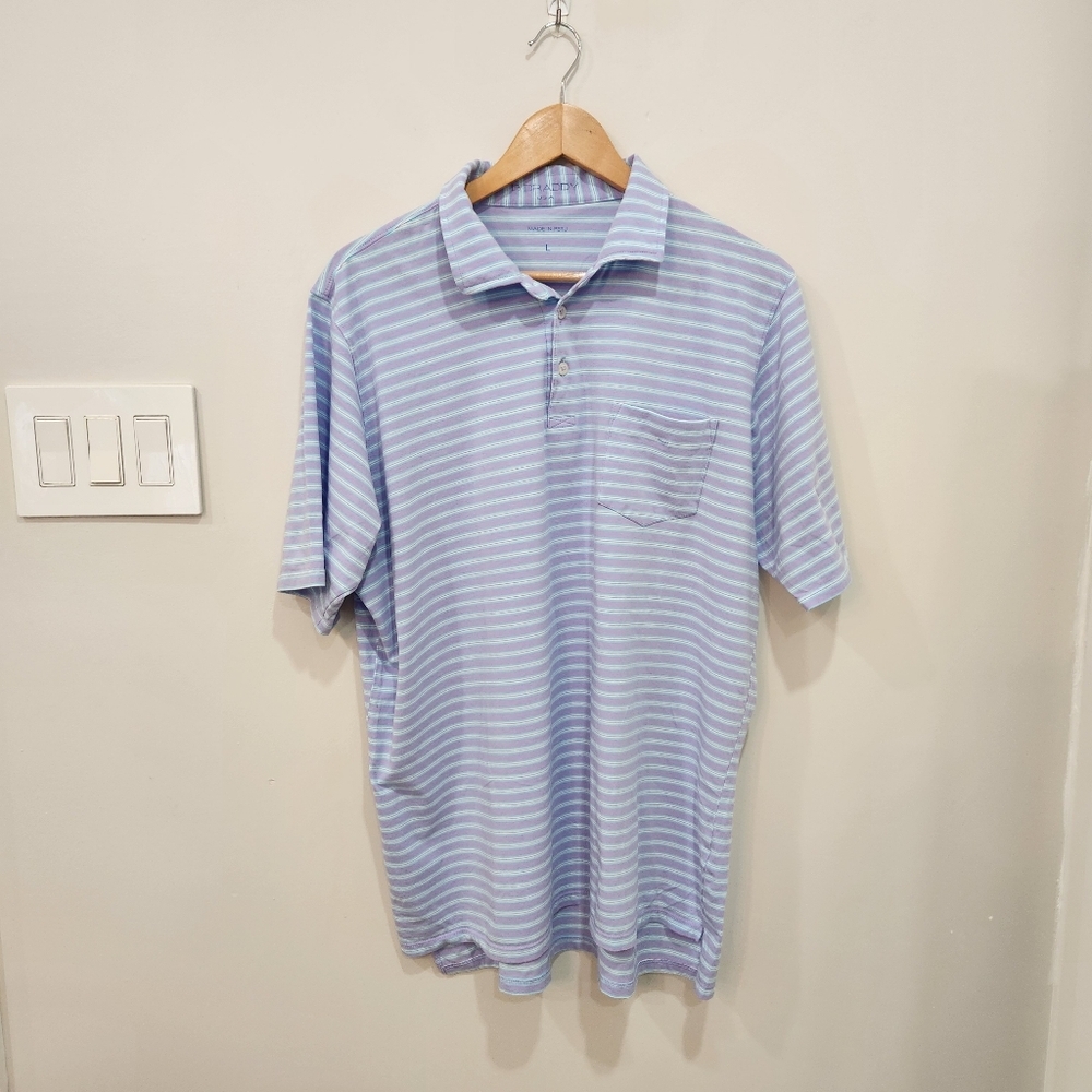 B Draddy Polo Shirt Mens Large Pink Blue Stripe Performance Wear Golf Cotton